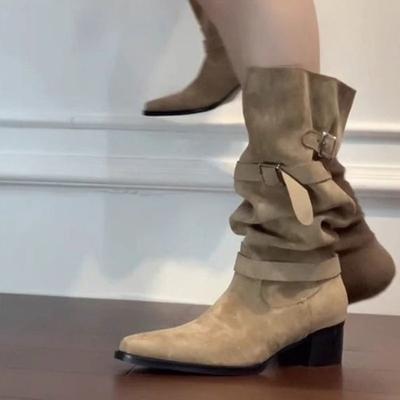 Coarse-heeled Women's Shoes Pleated Piled Boots Autumn Khaki Suede Pointed Boots Children But Knee Boots Women