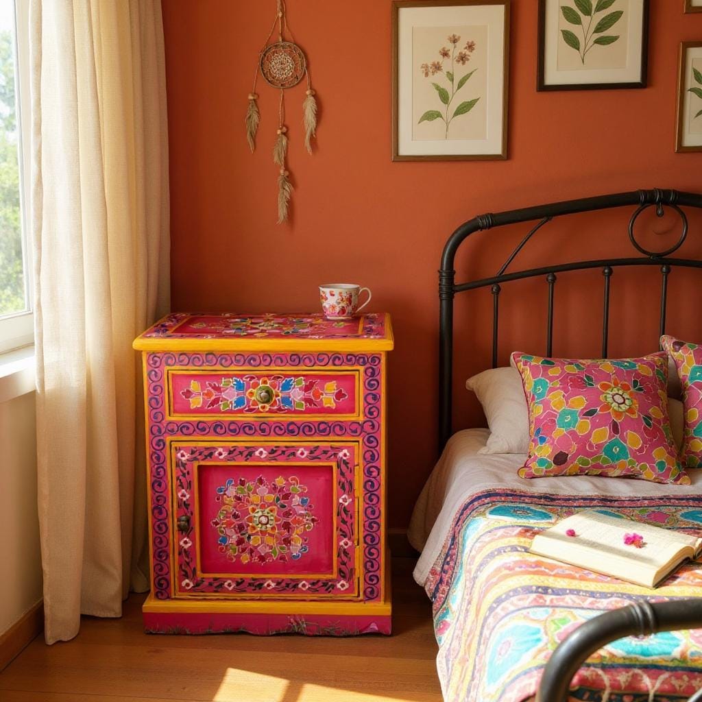 Hand Painted Rajasthani Wooden Cabinet | Pink Floral Nightstand | Indian Side Table Colorful Indian Bedside Table with Drawer & Door Desk