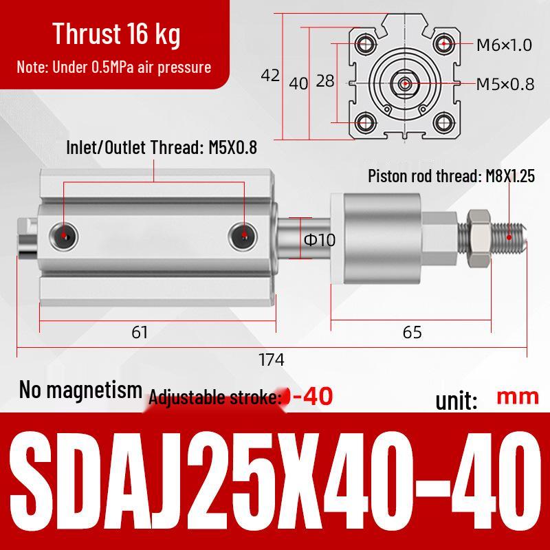 Adjustable Stroke Pneumatic Thin Cylinder - Piston Rod Sizes: 16/20/25/32/40/63