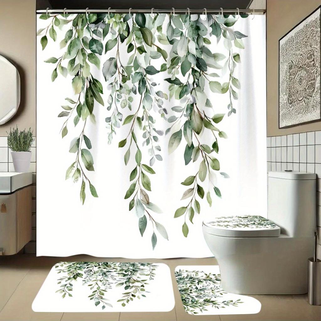 Set Of 4 Green Leaves, Waterfall, Simple Pattern Shower Curtains With Hooks, Bathroom Divider Curtains, Machine Washable