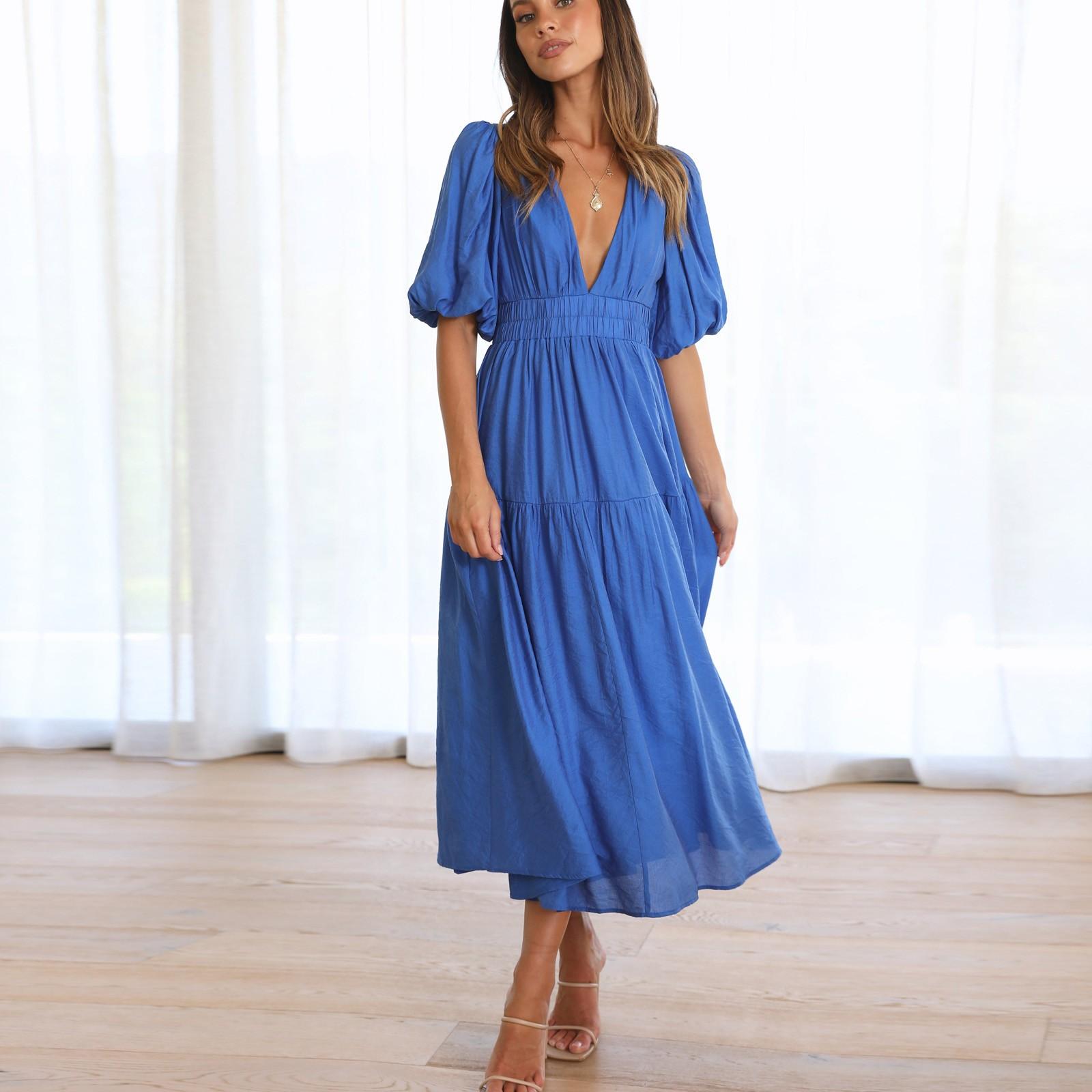 

Женское повседневное однотонное платье с деревянным краем уха, повседневное платье с короткими рукавами L синий