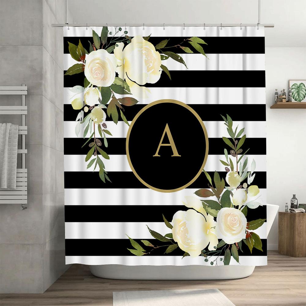 Weißer Rosen Duschvorhang mit Gold-Monogramm-Dekor Streifen Home Badezimmerzubehör Für Kinderzimmer Dekoration Geschenkidee