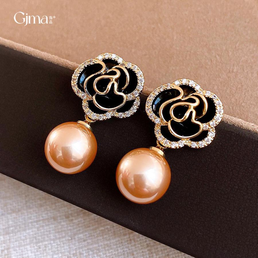Silver Needle Retro Hong Kong Style Zircon Dripping Oil Flower Pearl Earrings Stud Earrings Temperament Earrings Women