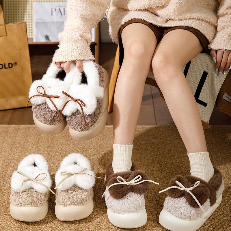 Bag heel cotton slippers women's autumn and winter cute bow indoor floor thick sole fluffy cotton shoes can be worn outside