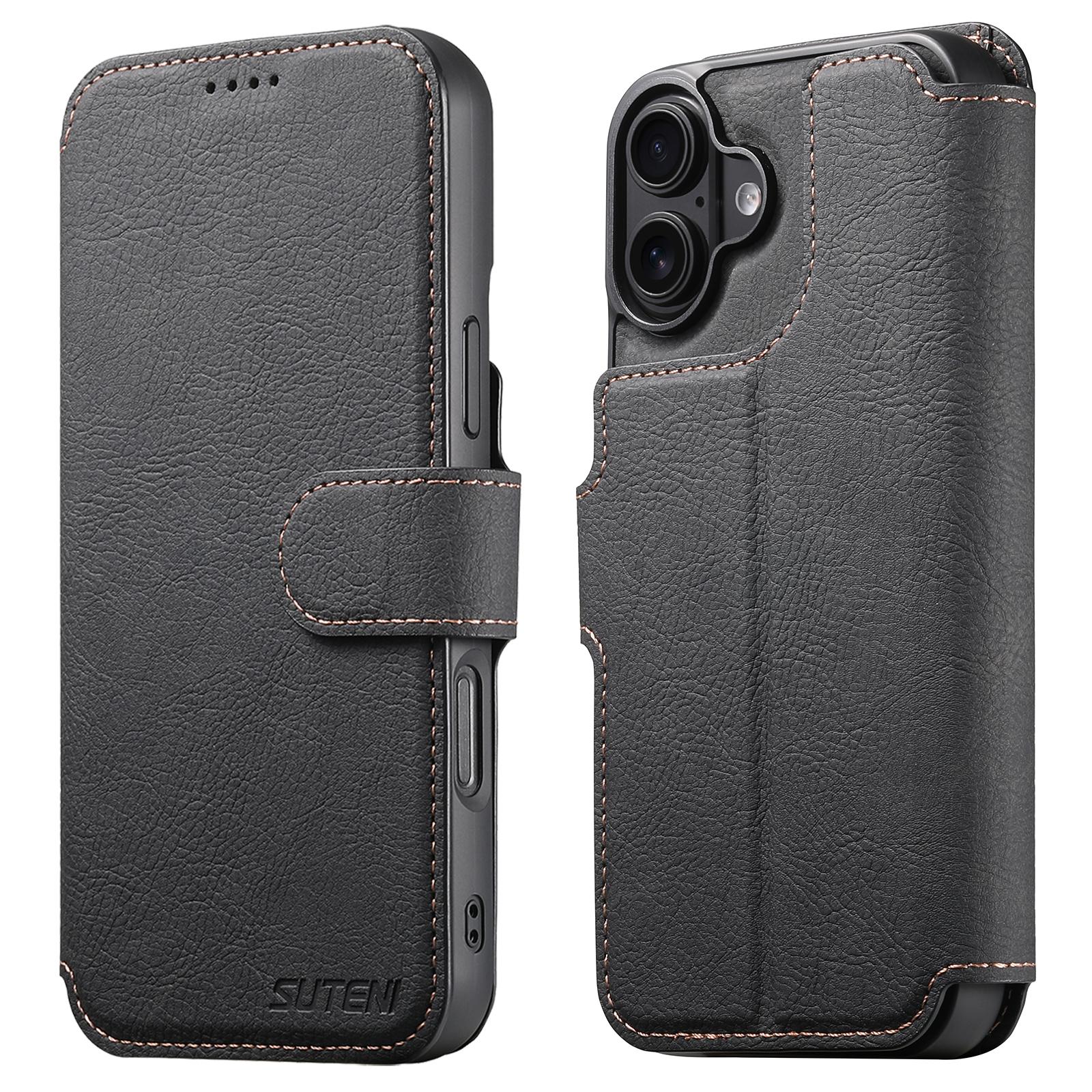 

SUTENI Q-05 Чехол для iPhone 16 Plus Съемный кошелек-подставка Кожаная откидная крышка для телефона с текстурой личи Black