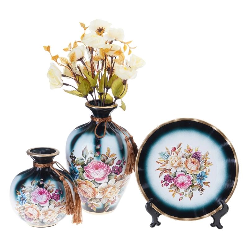 Набор из 3 роскошных керамических декоративных ваз с круглым подносом Элегантные полки для столешницы Декор для спальни столовой