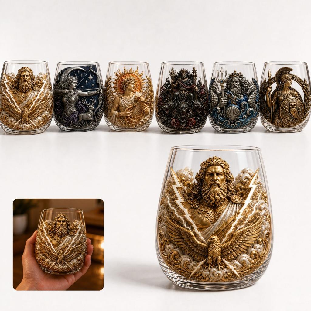 Mythology 2D Glass Cup Set - Ancient Gods Tumbler for Home Bar Drinkware