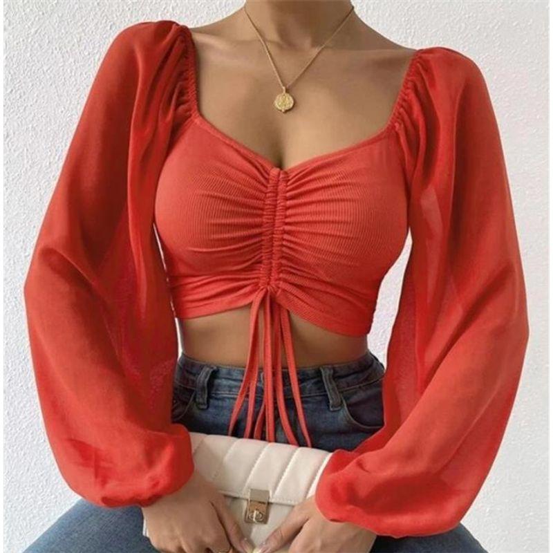 

Мода Сексуальный V-образный вырез Длинный рукав Приталенный Короткий Топ-рубашка Женский Сексуальный Кроп-топ Блузка Женская Red L