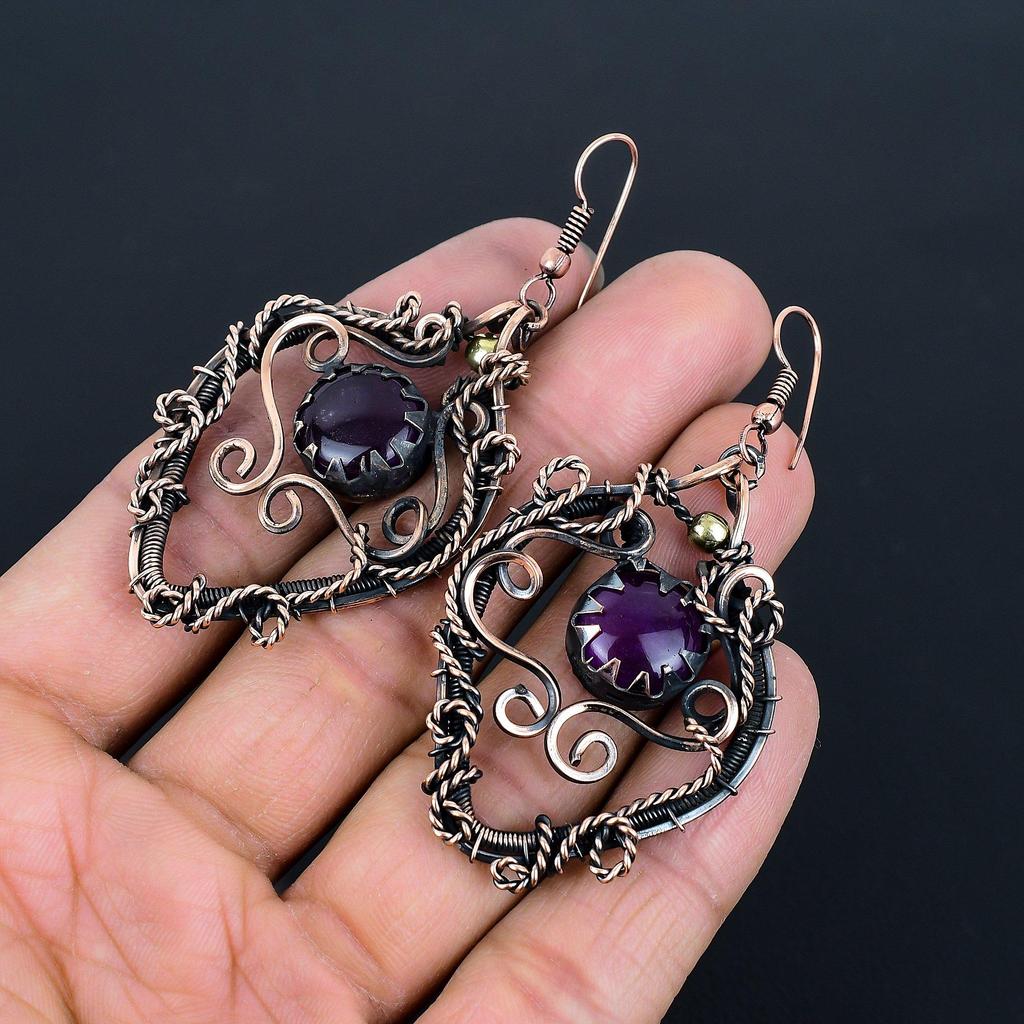 Amethyst Earrings Gemstone Jewelry, 999 Copper Wire Wrapped Earrings, Gift For Women Handmade Earrings