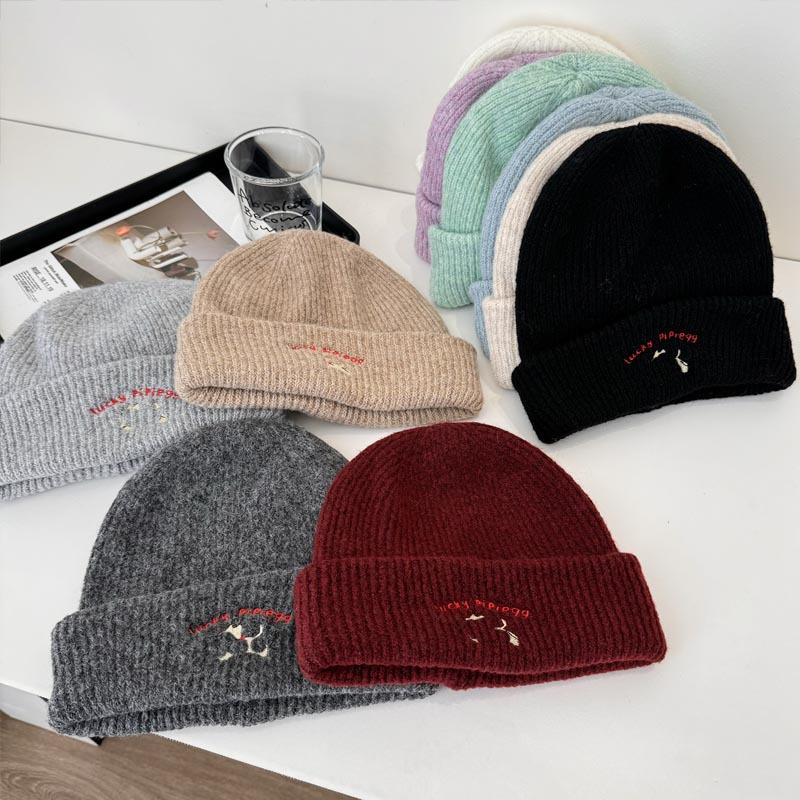 Knitted hat women's ins tide with letters small leather label warm pullover hat autumn and winter thin street ear protection cold hat
