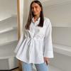 White Cotton Lace-up Waist Cinching Shirt Simple Fashion Women's Blouses Polo Neck Single Breasted Long Sleeved Top Commut HarajukuStyle Spring Summer