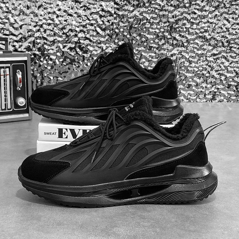 Winter men's shoes fleece thickened warm cotton shoes men's sports shock absorption running thick sole heightening black dad shoes