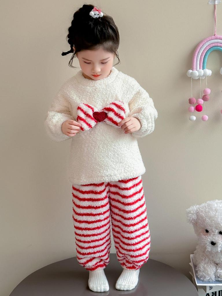 Girls' Flannel Striped Bow Pajama Set - Cozy Autumn/Winter Homewear for Babies 2025
