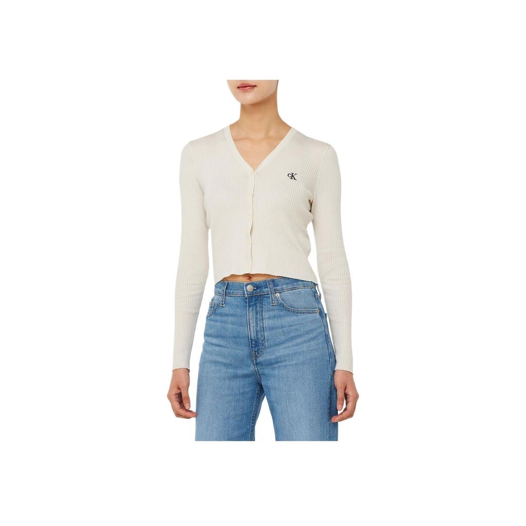 Calvin Klein Jeans Letter Jacquard V-Neck Long Sleeve Knit Top Women Tops Off-White J224287