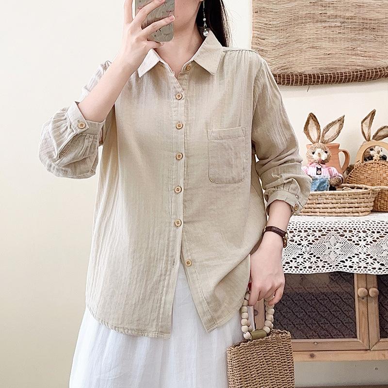 Spring and Autumn New Double-layer Cotton Yarn Pure Cotton Shirt Women's Japanese Literary and Art Style Loose Casual Skinny Versatile Shirt Top