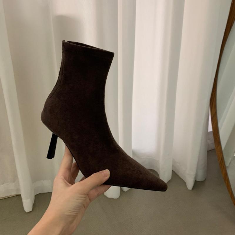 Mode 2025 Nya Höst Högklackade Stretch Slim Dam Ankelstövletter Höst Damer Eleganta Spetsiga Tå Korta Botas Damskor