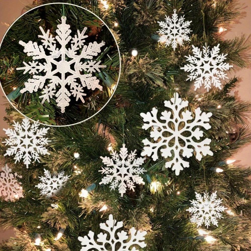36Pcs White Glitter Raw Pulp Plastics Paper Snowflake Ornaments Christmas Venue Decoration Xmas Tree Pendant Home Winter Parties