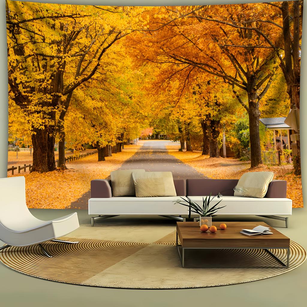 Golden Fall Forest Tapestry Yellow Trees and Pathway Design Water Resistant Fabric Seasonal Nature Theme Wall Hanging Fashion