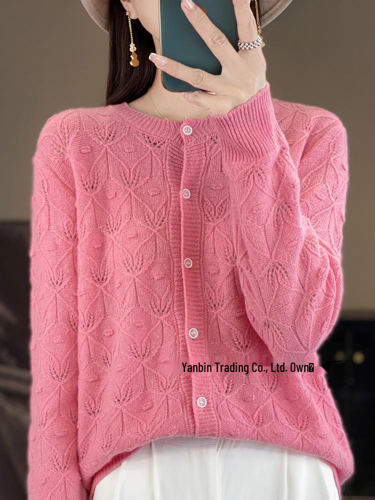 Women's Round Neck Long Sleeve Wool Cardigan - Hollow Jacquard Knit Sweater Jacket