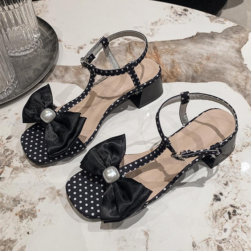 High Heels Women's Summer 2025 New Pearl Bow with Hollow Square Head Middle Heel Fashion Sandals Women