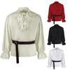 Medieval Long Sleeve Ruffled Puff Sleeve Top with Turn-Down Collar - Vintage Solid Color COS Costume Shirt