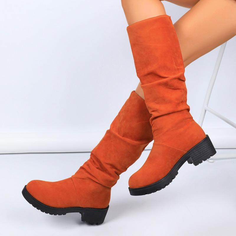 Fashion Women's Fashion Thick Heel Single Boots Winter New Round Head Suede Sleeve Fold Anti-slip Wear-resistant High Boots