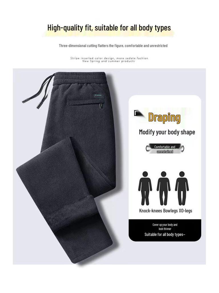 Pánské nadměrné manšestrové kalhoty s fleecovou podšívkou s rovnými nohavicemi pro volný čas na podzim/zimu