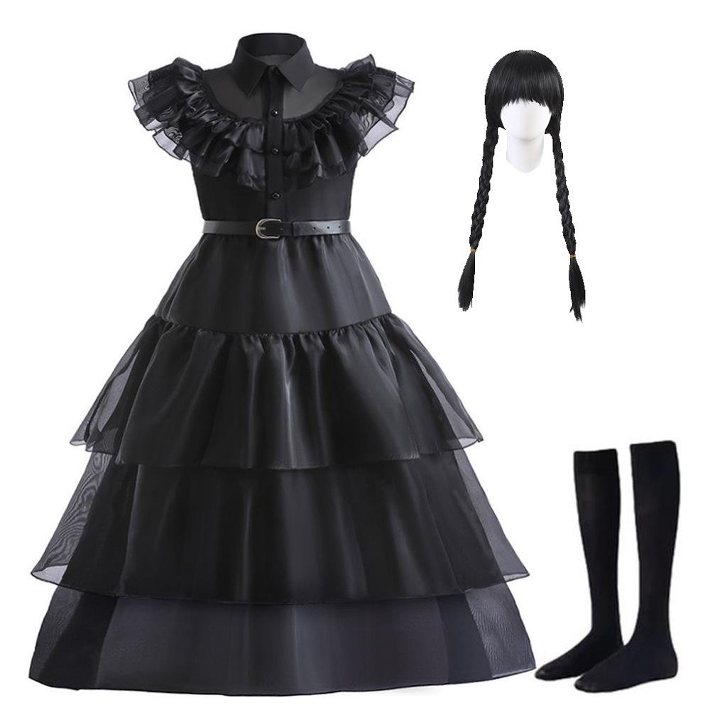 Abito da sera in rete da ragazza per cosplay della Famiglia Addams di Mercoledì con accessori (Taglia unica)