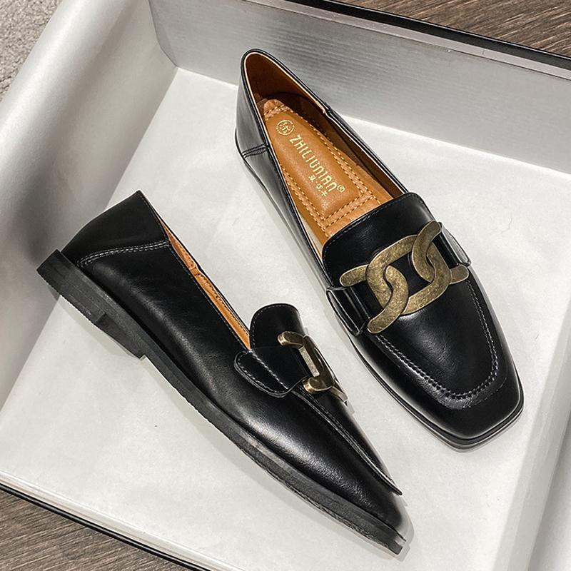 

Модный бренд Женские оксфорды на металлической цепочке Большой размер 42/43 Толстый каблук Мокасины женские Балетки Женские кожаные лоферы Квадратный носок Кроссовки 4.5 чёрный