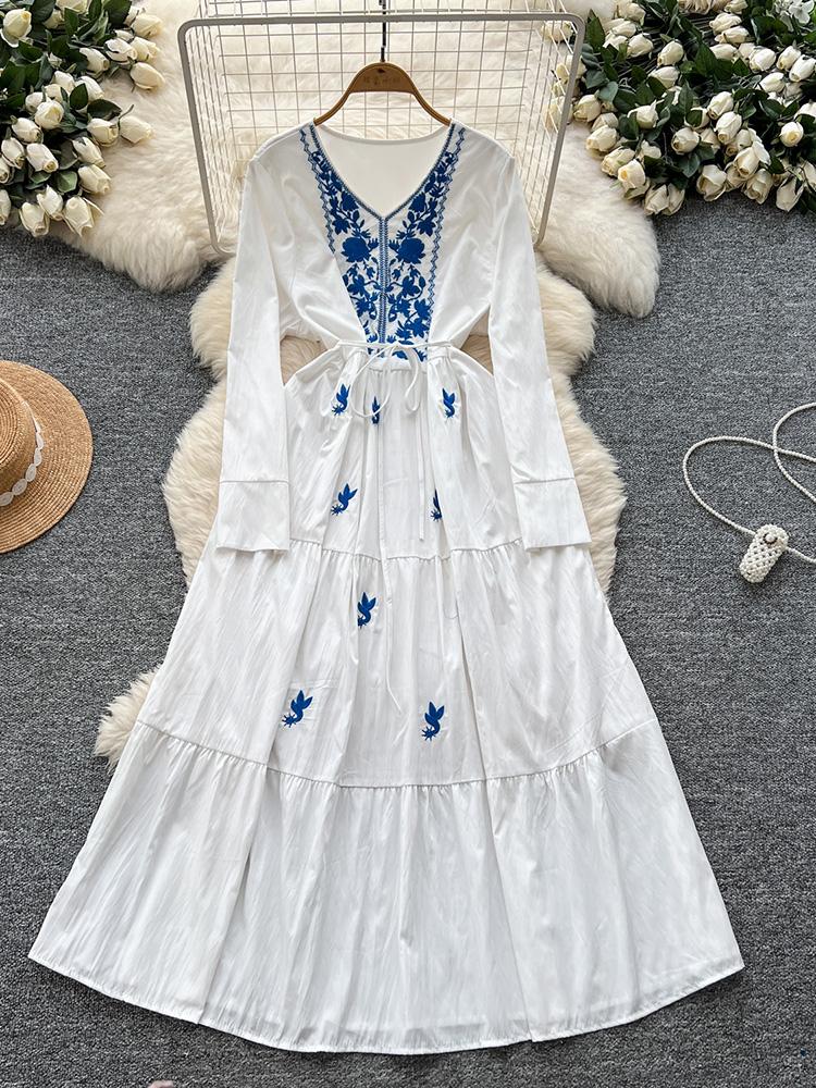 Women Spring Autumn Dress Retro Embroidered V-neck Strap Waist French Elegant Long Sleeve Grand Swing Long Dress