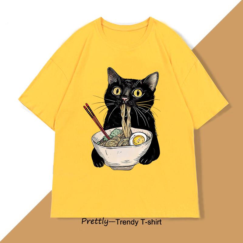 Nudel Katze T-Shirt Ramen Katze T-Shirt Foodie Liebhaber Grafik T-Shirts Retro Druck Herren Damen T-Shirt Baumwoll-T-Shirts Lockere Kleidung