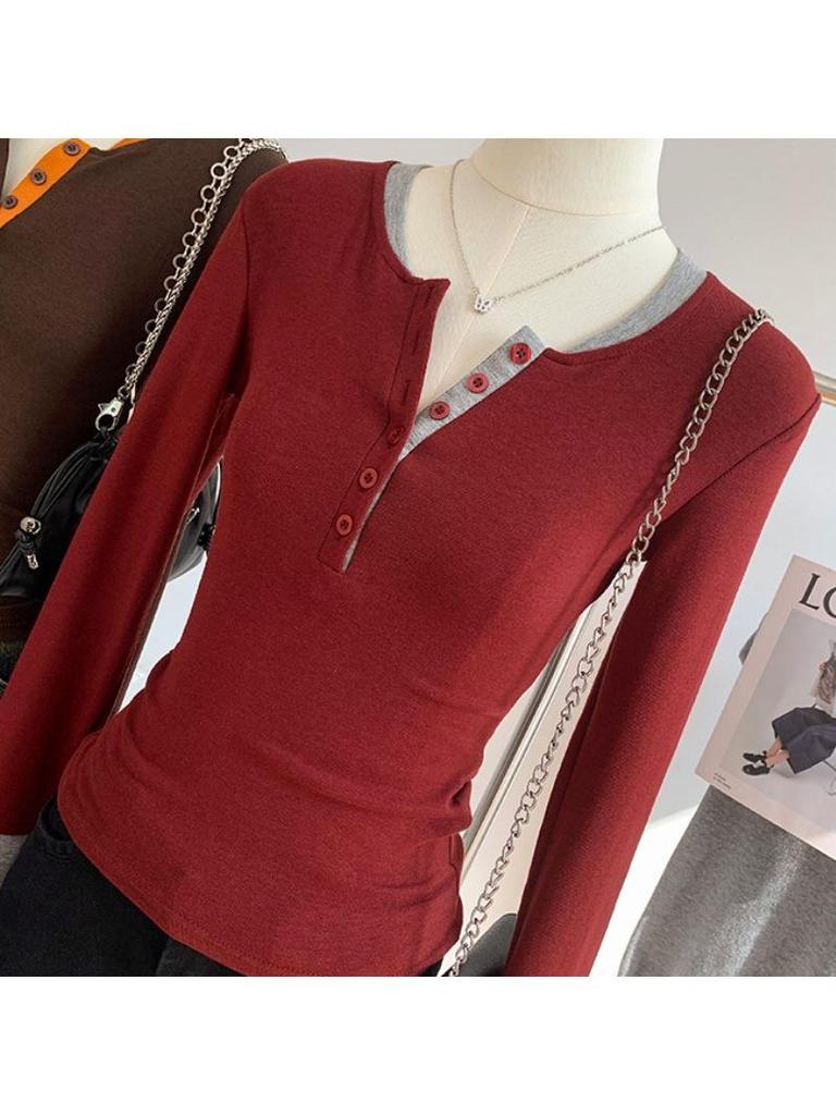 Stylish Contrast Color Faux Two-Piece Long-Sleeve Top for Women