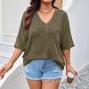 2025 Spring/Summer European & American Fashion Casual Women's Solid V-neck Pocket 3/4 Sleeve T-shirt