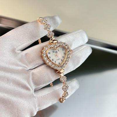 Elegante Quarzuhren Herz Strasssteine Diamantenbesetztes Armband Damen Armbanduhr mit Verstellbarem Armband Handgelenkdekoration