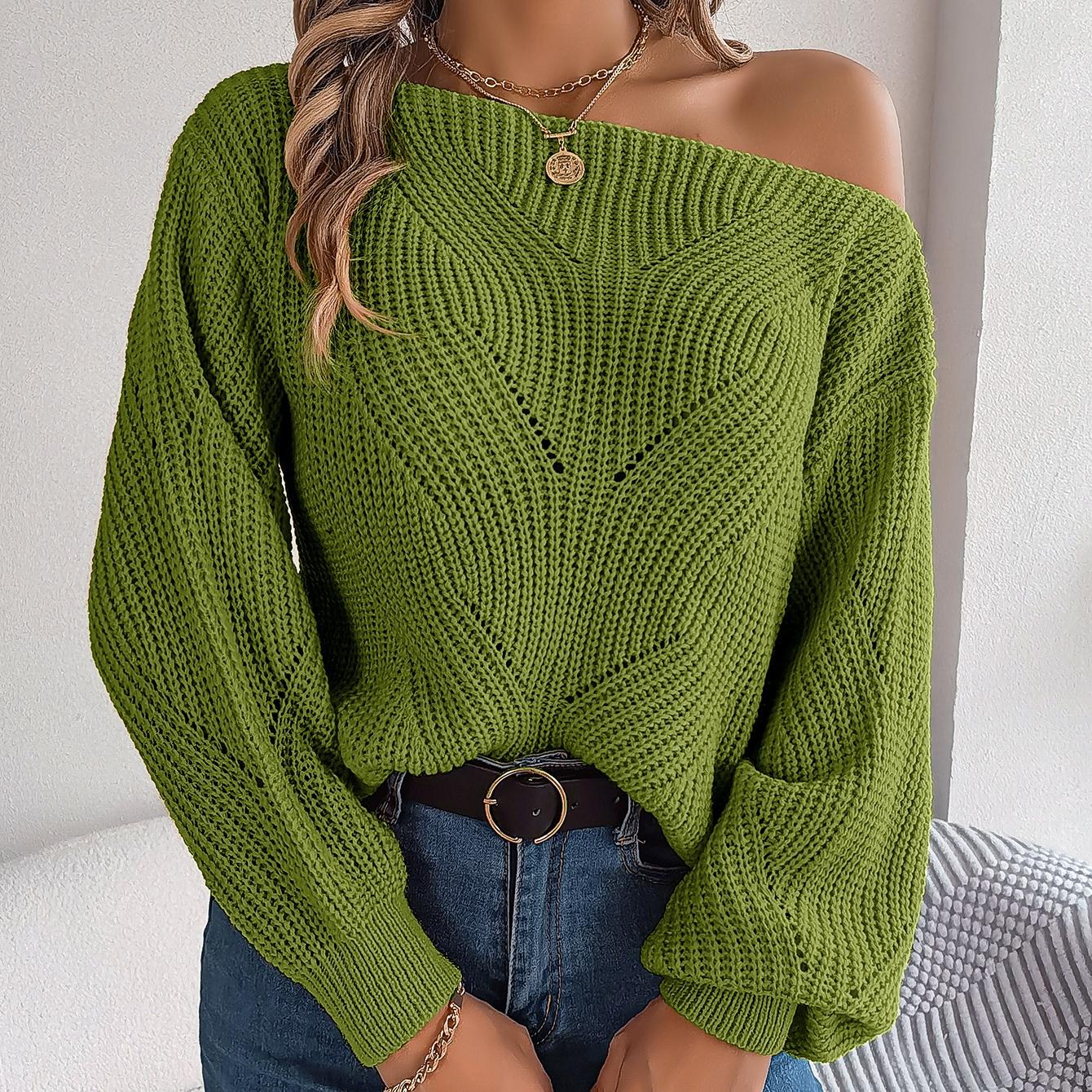 

GMXIA Женская мода Повседневный свитер осень-зима свободный с вырезом лодочкой и длинным рукавом Повседневный вырез с открытыми плечами и рукавами-фонариками L зелёный