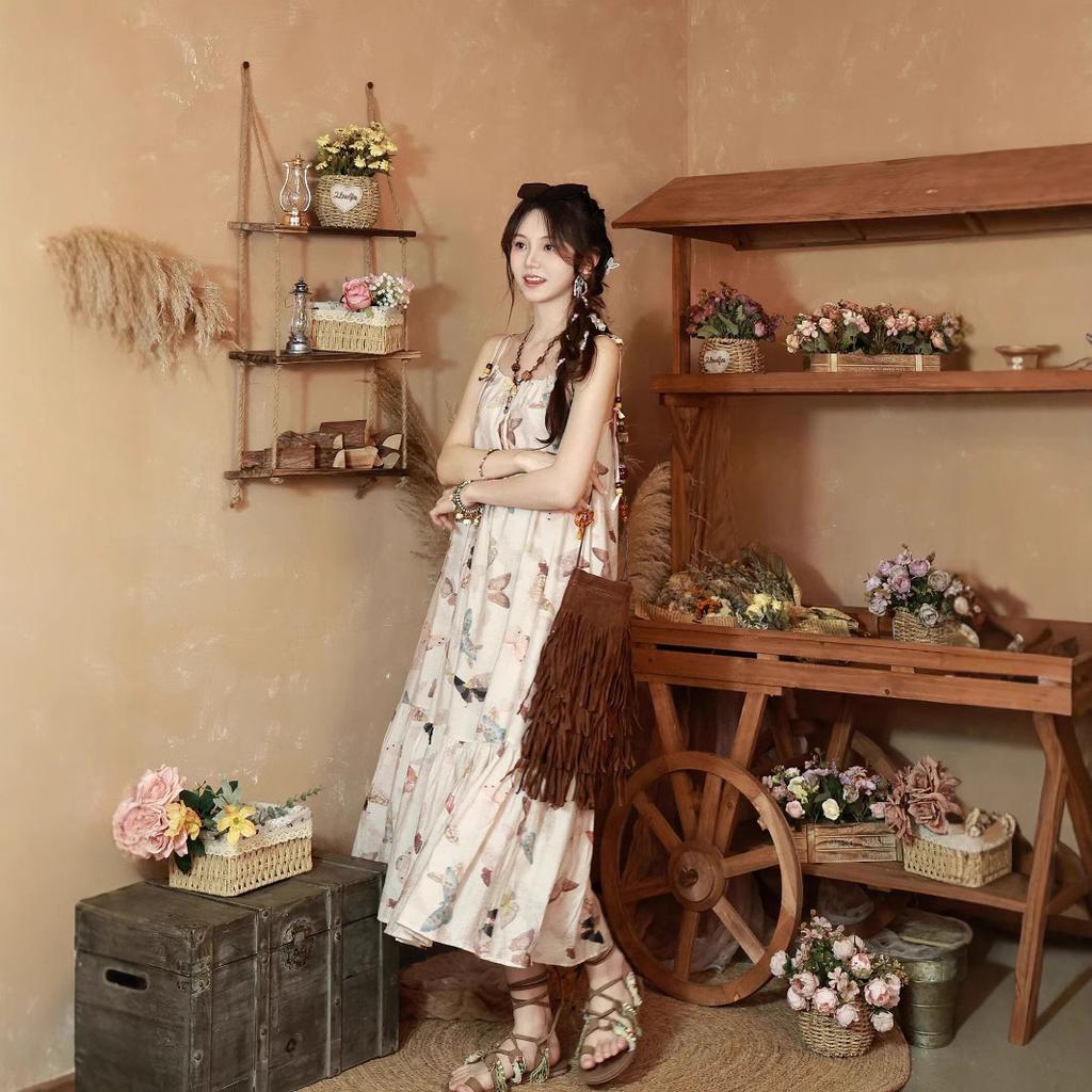 Bohemian retro sweet long dress butterfly print dress super fairy floral beaded loose and thin suspender skirt