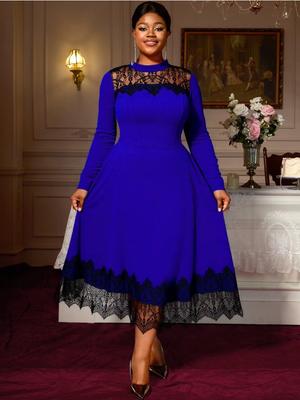 Elegante Vestido Maxi Línea A para Mujer Iglesia Cuello Medio Alto Manga Larga Encaje Patchwork Plisado Clase Oficina Fiesta Evento Atuendo 2025