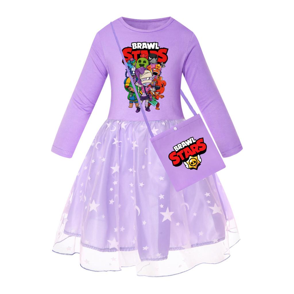 4094 Girls Brawl Stars Print Mesh Rainbow Princess Dress