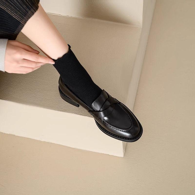 

Retro one-pedal loafers women s British style soft-soled versatile small leather shoes black college style thick-heeled single shoes 35 чёрный