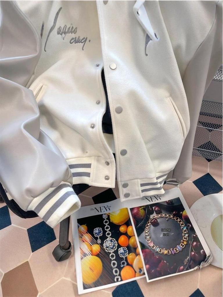 Men's Autumn/Winter Loose Fit Baseball Jacket with American Embroidery and Leather Sleeves