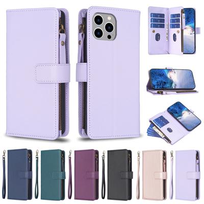 Portefeuille couleur unie 9 cartes fermeture éclair prépuce étui en cuir à rabat magnétique pour iPhone Samsung Galaxy Xiaomi Redmi VIVO OPPO Realme Google Nokia Moto couverture