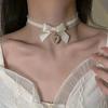 Zoete Satijnen Lint Choker Ketting met Parel Hart Hanger & Doorzichtig Ruche Rand – Schattige Coquette/Kawaii Kraag Sieraden voor Vrouwen
