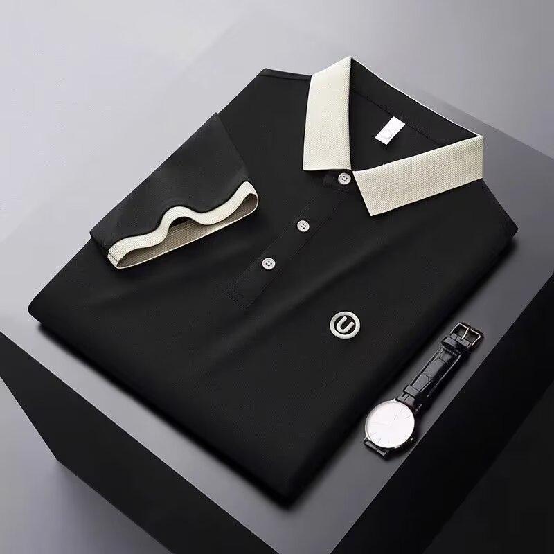 Men's British Style Light Luxury Polo Shirt with Contrasting Color Lapel, Short Sleeves, and Letter Embroidery - Casual Summer Trend.