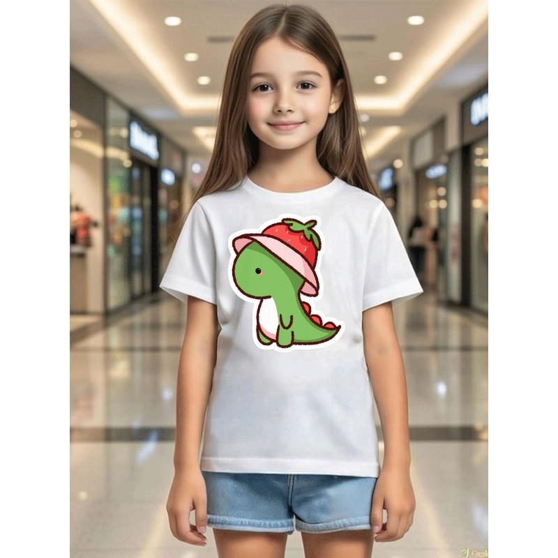 

European sizes Girls T Shirt Casual Trendy Black Short Sleeve with Strawberry Hat Dinosaur Pattern Kids Apparel for Girls Outdoor Play Casual Wear 164cm білий