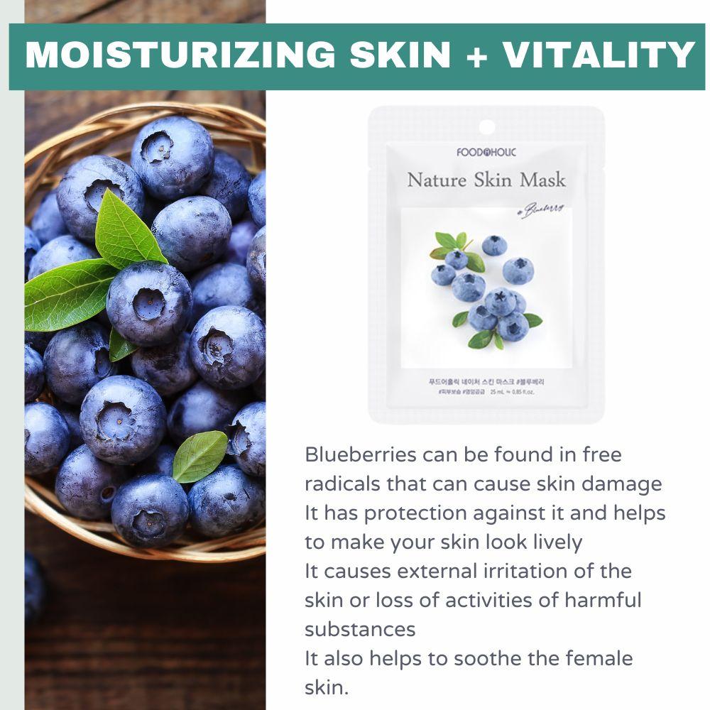 FoodaHolic Nature Skin Mask Blueberry 23ml X 10 Sheets - Anti-Oxidant & Revitalizing Facial Sheet Mask Pack for Firm Skin (10 Sheets)