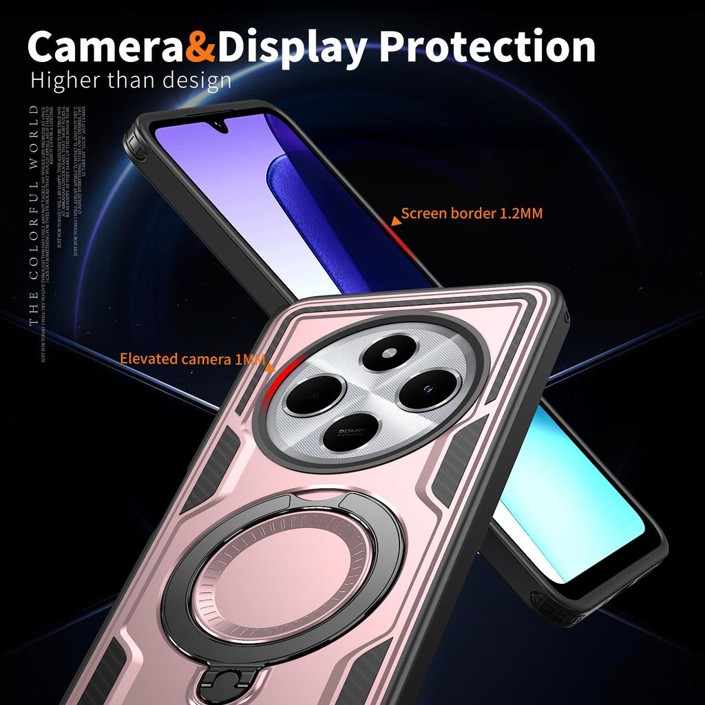 For Xiaomi Poco X7 C75/Redmi Note 14 Pro Plus 14R 14C Plastic Hard Shell Rotating Ring Holder Magnetic Charging Phone Case Shell