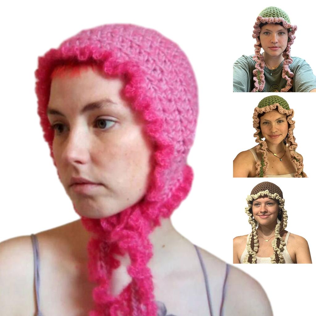 Knit Hollow Hat for Women Handmade Beanie Hat Girl Sun Protections Cap Fashion Ruffle Edge Hat Teens Fashion Headwear