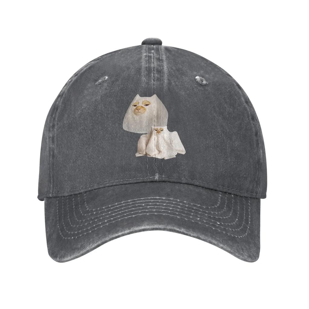 Ghost Cat Meme Funny Artwork Baseball Caps Vintage Distressed Cotton Halloween Snapback Cap Unisex Outdoor Adjustable Fit Hats