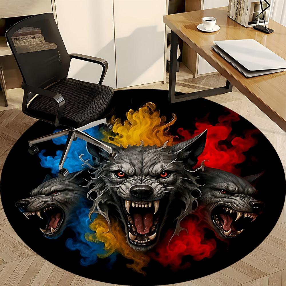 1pc Wolf Head Chair Carpet for Office, Round Polyester Mat, Indoor Decor for Office, Easycare Fabric, Washable Non-slip Area Carpet