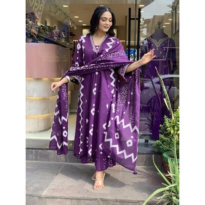 Women's Cotton Anarkali Printed V-Neck Kurta with Palazzo & Dupatta | Ethnic Set | Dupatta Set | Suit Set |Kurta Set |